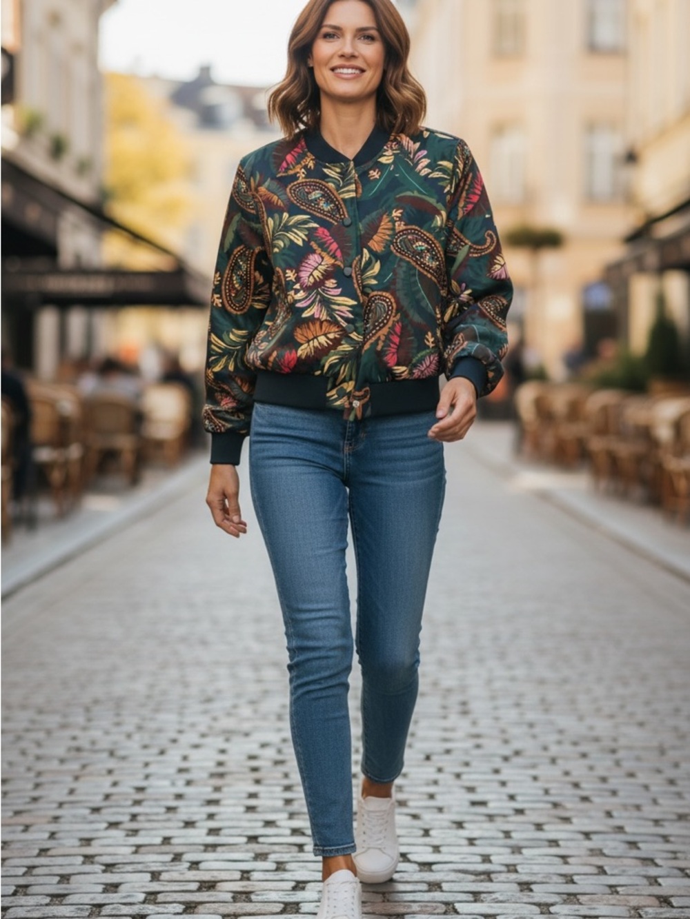 T Tahari Green Floral Paisley Bomber Jacket